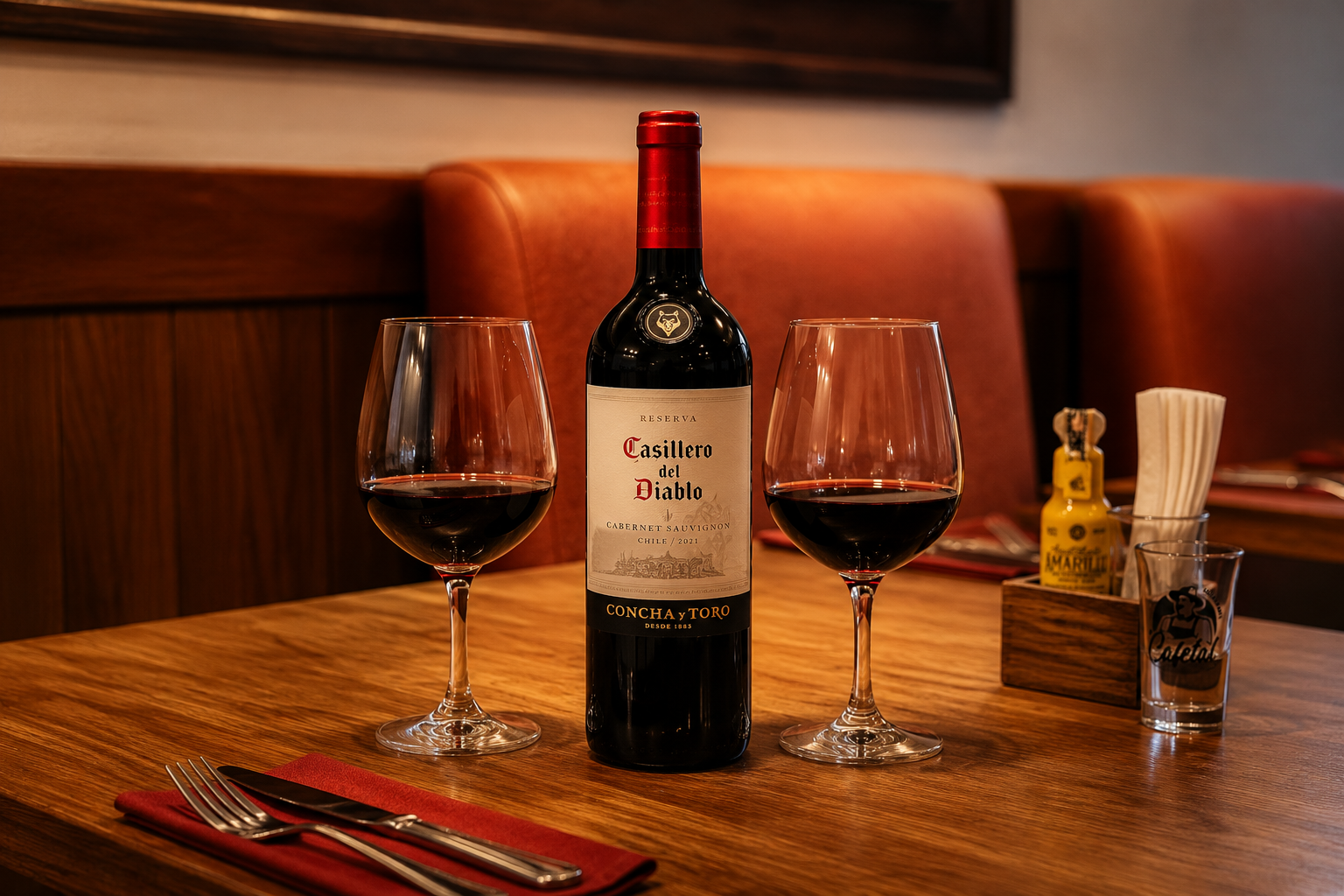 Bouteille de vin Casillero del Diablo et deux verres chez El Cafetal