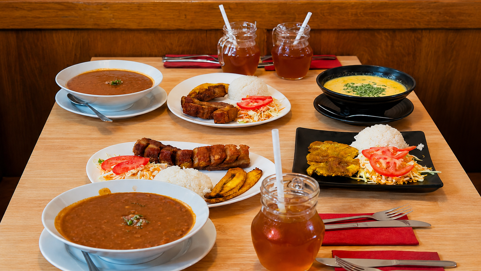 Plats traditionnels colombiens : frijoles, chicharrón, patacones et jus naturels